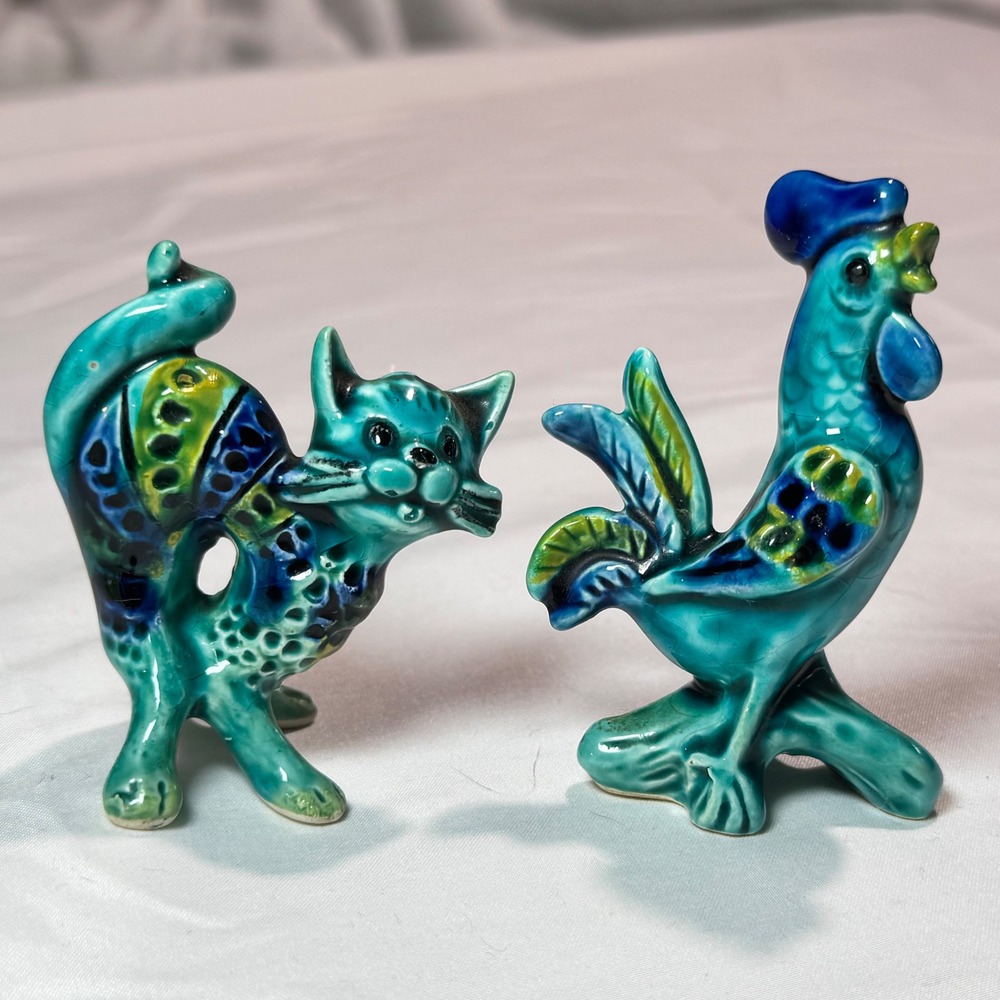 Vintage Enesco Japan Hand Painted Ceramic Cat Rooster Figurines MCM Pair